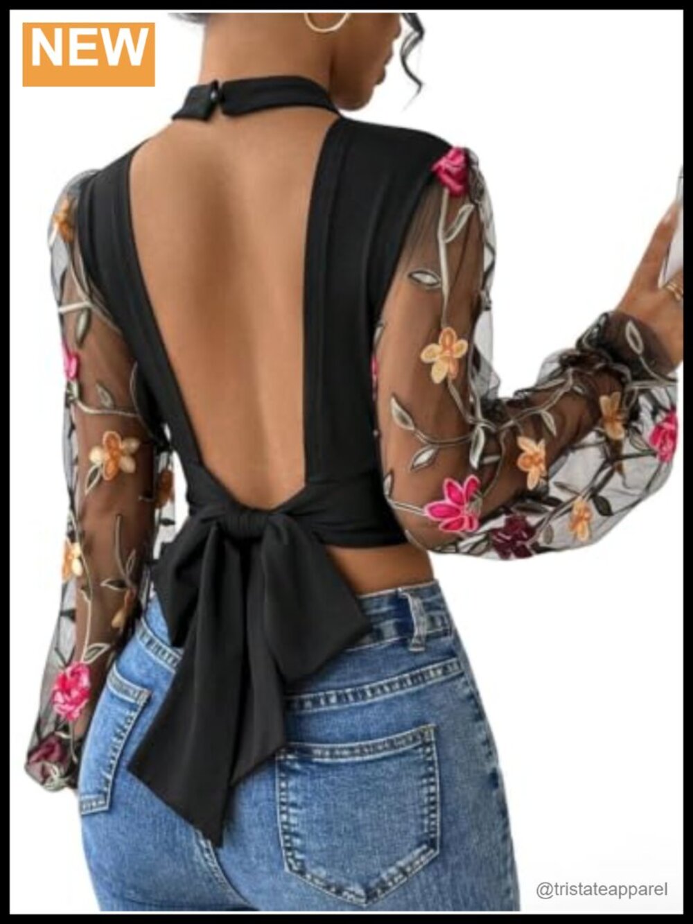 Floral Sheer Mesh Tie Back Crop Top Long Sleeve Going Out Blouse
